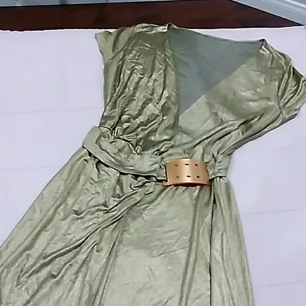 Roberto Cavalli Olive Green Draped V-Neck Dress with Tan Belt